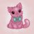 Un joli chat de dessin animé rose avec de grands yeux noirs est assis sur un fond rose clair, portant un gros nœud vert autour du cou.