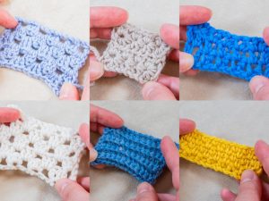 Six images en gros plan montrent des mains tenant de petits échantillons de crochet de couleurs et de motifs de points différents, présentant des points fantaisies au crochet avec des fils bleus, beiges, blancs et jaunes, le tout sur un fond clair.