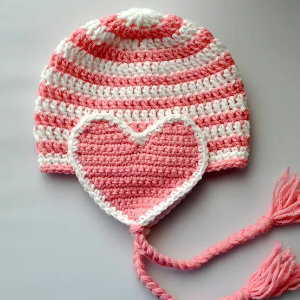 Un bonnet crocheté à rayures roses et blanches, orné de deux pompons tressés roses. Un grand cœur rose au crochet bordé de blanc orne le devant de cet adorable bonnet pour bébé au crochet, présenté sur une surface blanche.