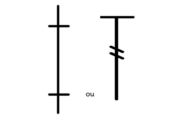 Deux lignes noires verticales, chacune barrée horizontalement, ressemblent au point de bride double au crochet. La ligne de gauche comporte une barre en haut et en bas ; celle de droite comporte une barre supérieure et deux barres parallèles au milieu, séparées par un « ou ».