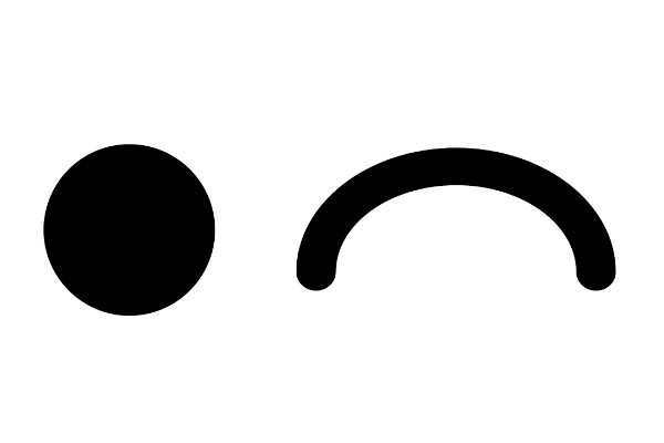 Un cercle noir plein se trouve à gauche et un arc noir épais orienté vers le bas, rappelant la maille coulée au crochet, se trouve à droite, tous deux sur un fond blanc.