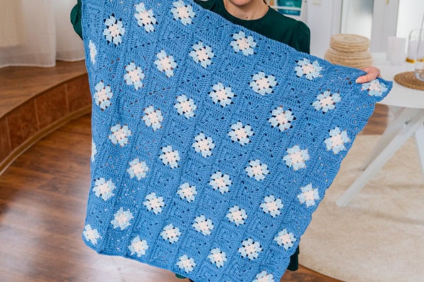 Couverture En Crochet Fait Main Bleu Blanc Rose 36x65 Cm - Déco Maison