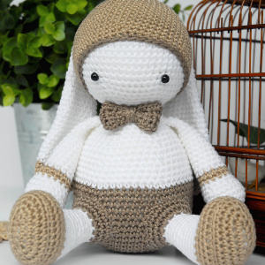 Un lapin en peluche crocheté, coiffé d'un chapeau beige, d'un nœud papillon et d'un short, est assis à côté d'une cage à oiseaux en fil de fer, avec des plantes vertes en arrière-plan. Le lapin a de grands yeux noirs et des oreilles tombantes.