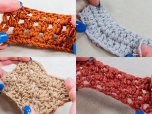 Quatre photos en gros plan montrent des mains tenant différents échantillons de crochet en fil orange, gris, beige et rouge, chacun présentant des motifs de points distincts, parfaits comme point au crochet pour couverture. Les ongles peints en bleu sont visibles sur toutes les images.