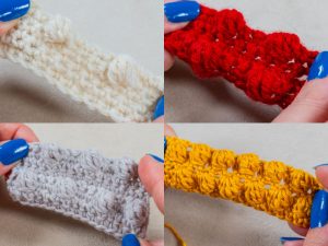 Quatre images en gros plan montrent des mains tenant des échantillons de tissu crocheté en fil blanc, rouge, gris et jaune. Chaque pièce présente un motif de point unique, y compris le point noisette au crochet. La personne a les ongles peints en bleu.