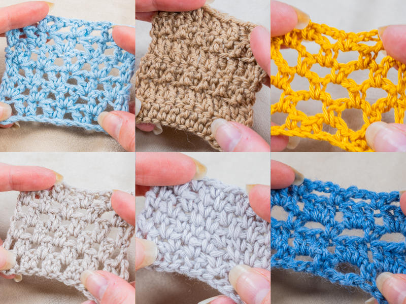 Un collage de six photos en gros plan montre des mains tenant des échantillons de tissu crocheté de différentes couleurs et motifs de points, parfait pour ceux qui explorent le point de crochet pour débutants avec des fils bleus, beiges, jaunes, gris et blanc cassé.