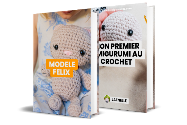 Deux livres au crochet : l'un avec un gros plan d'un enfant tenant une peluche au crochet, étiqueté MODELE FELIX, et un autre montrant un animal rose au crochet avec le titre MON PREMIER AMIGURUMI AU CROCHET de Jaenelle.