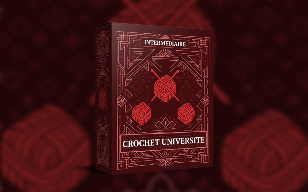 Une boîte rouge foncé avec des motifs géométriques complexes, trois pelotes de laine avec des crochets sur le devant, et un texte français blanc indiquant Intermédiaire, Crochet Université, et formation tricot.