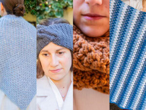 Un collage mettant en valeur le modèle crochet facile pour débutant : un châle triangulaire gris clair, une femme avec un bandeau gris épais, un gros plan sur un foulard brun épais, et une couverture au crochet à rayures bleues et blanches.