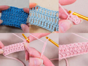Un collage de six images montre des mains crochetant avec des fils bleus et roses, démontrant différents points de base au crochet et des techniques utilisant un crochet doré.