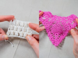 Gros plan des mains tenant deux pièces au crochet : à gauche, un petit morceau rectangulaire blanc avec des points texturés ; à droite, une plus grande pièce triangulaire au crochet rose présentant un motif de dentelle complexe en point ananas au crochet.