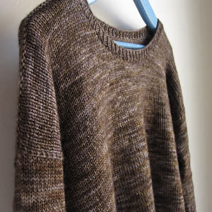 Un pull brun à manches longues est suspendu à un cintre bleu clair contre un mur beige.