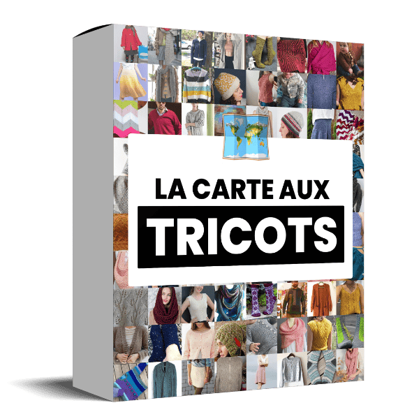 Une boîte en 3D présente un collage de vêtements et d'accessoires colorés en tricot, avec le texte LA CARTE AUX TRICOTS affiché en gras au centre sur un fond blanc.