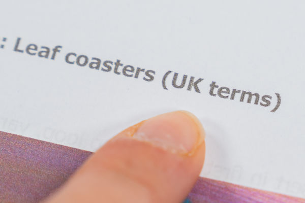 Gros plan sur le doigt d'une personne pointant vers les mots « Leaf coasters » (termes britanniques) imprimés sur une feuille de papier blanche — idéal pour votre ouvrage de référence « Lexique crochet anglais-français ».
