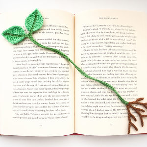 Un signet crocheté en forme de plante verte à deux feuilles et aux racines brunes repose sur un livre ouvert.