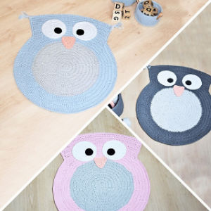 Tapis hibou au crochet bleu, gris et rose pour chambre d’enfant