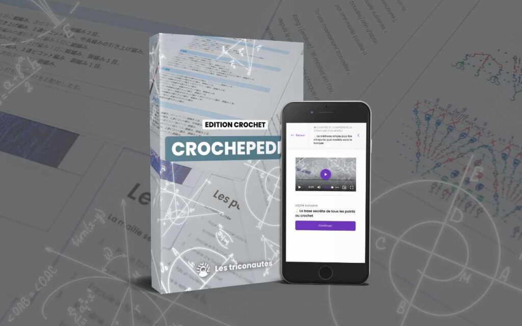 Une boîte portant l'inscription « CROCHEPEDIÉ » se trouve à côté d'un smartphone sur lequel est affichée une leçon de mathématiques en vidéo. À l'arrière-plan, on distingue des schémas mathématiques, des formules et des graphiques aux couleurs délavées. Des lignes géométriques blanches recouvrent l'ensemble de l'image.