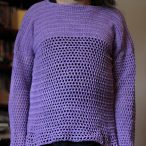 Personne portant un pull en crochet lavande, ample et à manches longues, orné d'un motif ajouré sur le devant et le haut des bras. L'arrière-plan représente un intérieur où l'on aperçoit partiellement des étagères et des livres.