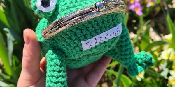 Une main tient une porte-monnaie au crochet en forme de grenouille verte, avec un fermoir en métal et des yeux en forme de poule. Le porte-monnaie porte une petite étiquette blanche avec une écriture japonaise, tandis que des fleurs colorées et de la verdure s'estompent à l'arrière-plan.